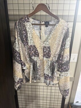 Maeve look Patchwork V-Neck Peasant Blouse in Cream and Brown